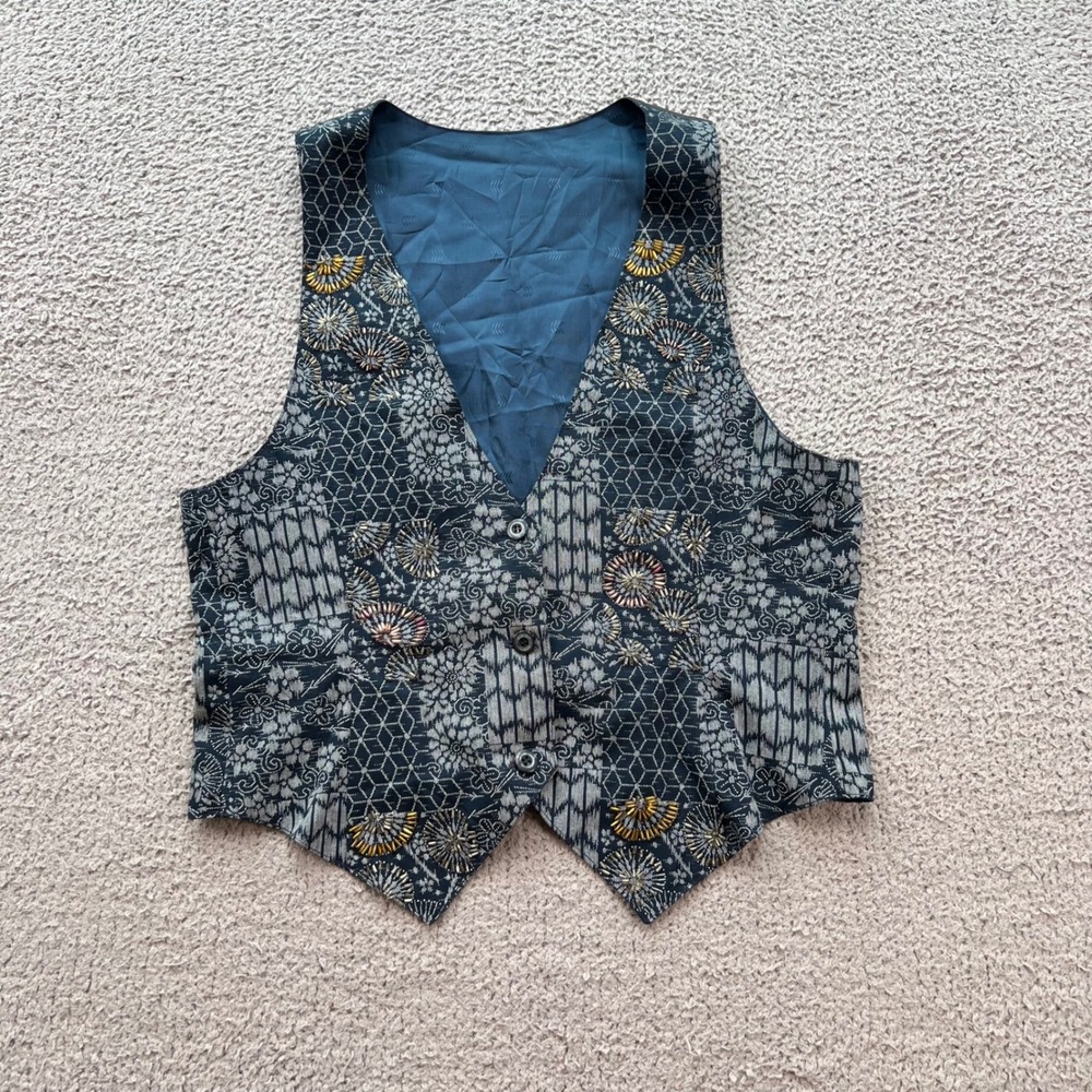 Vintage Beaded Geometric Floral Print Vest Navy Blue Cinch Back Boho 90s Small